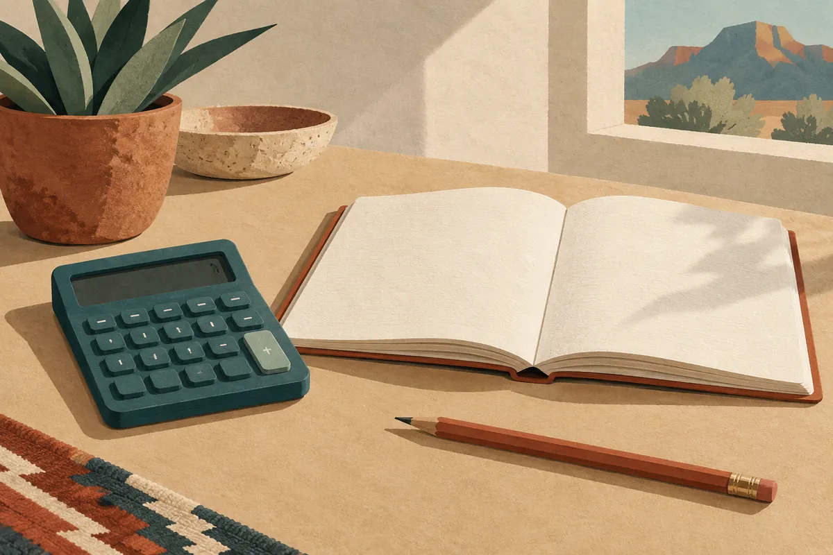 Illustration of a calculator beside a notebook and pencil.