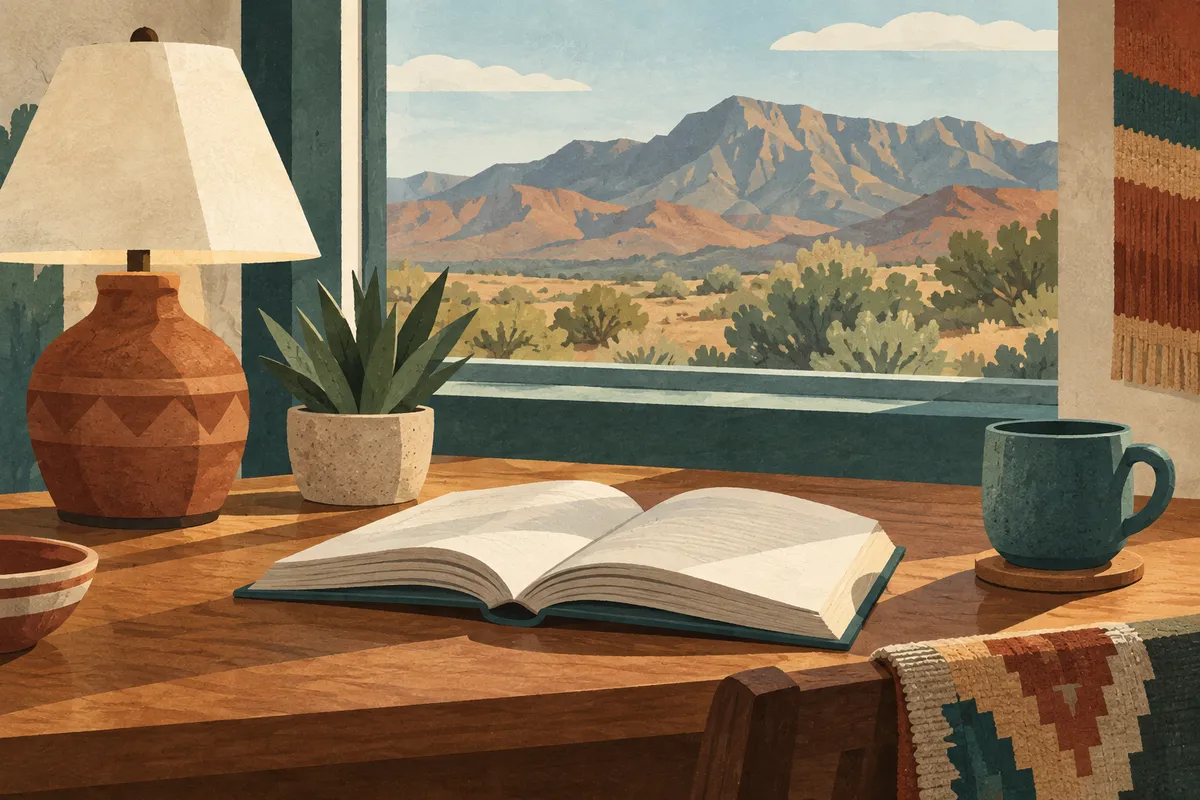 Illustration of an open book and reading lamp with foothills outside.