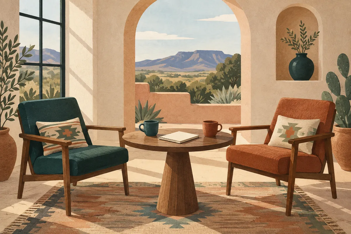 Illustration of two chairs and a table set for a conversation.