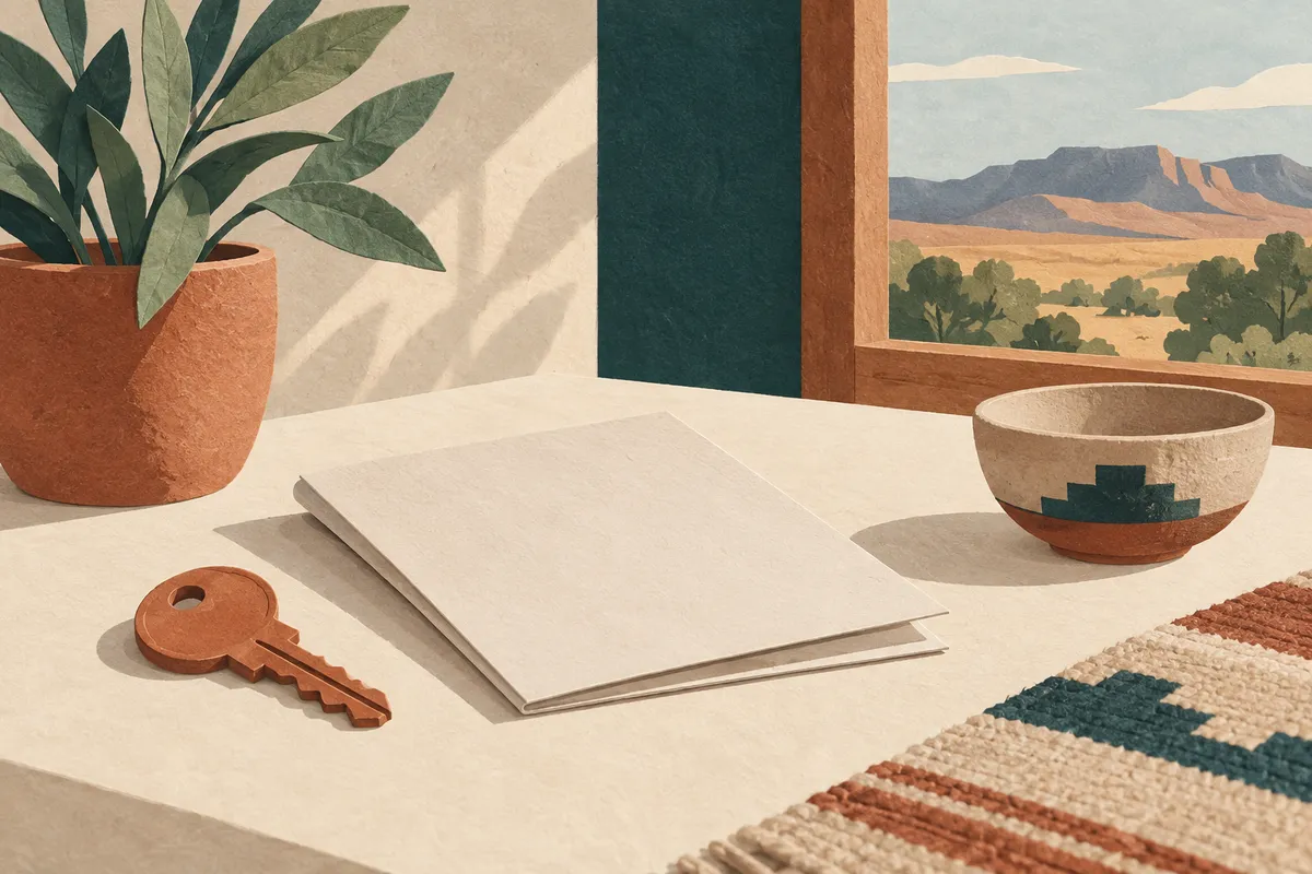 Illustration of a house key and a blank report on a warm tabletop.