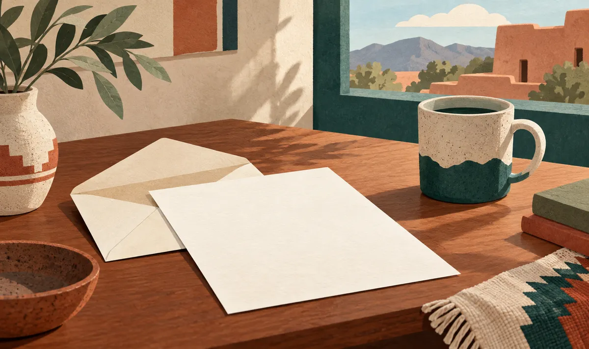 Illustration of an open envelope and letter beside a ceramic cup.