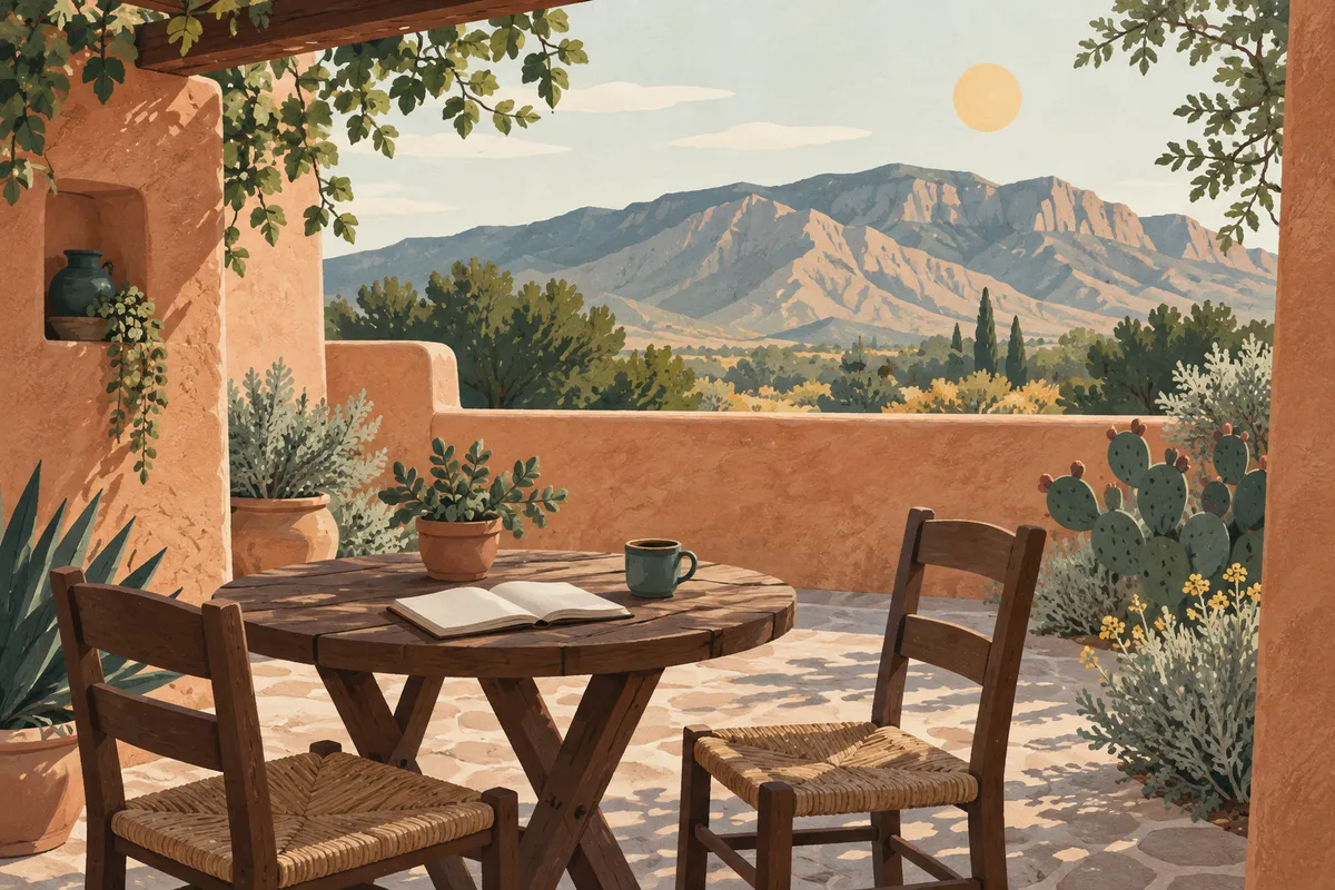 Illustrated adobe courtyard with a notebook, two chairs, and New Mexico foothills beyond.