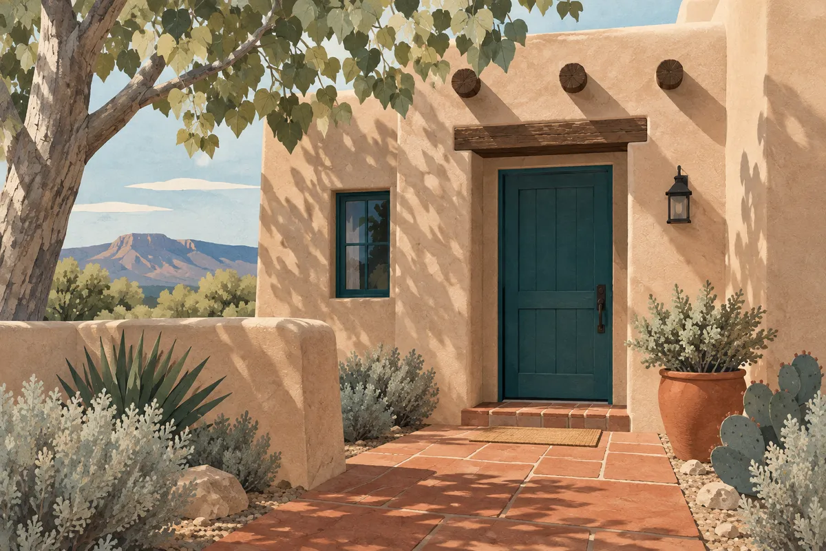 Illustration of a New Mexico adobe house with a teal front door.