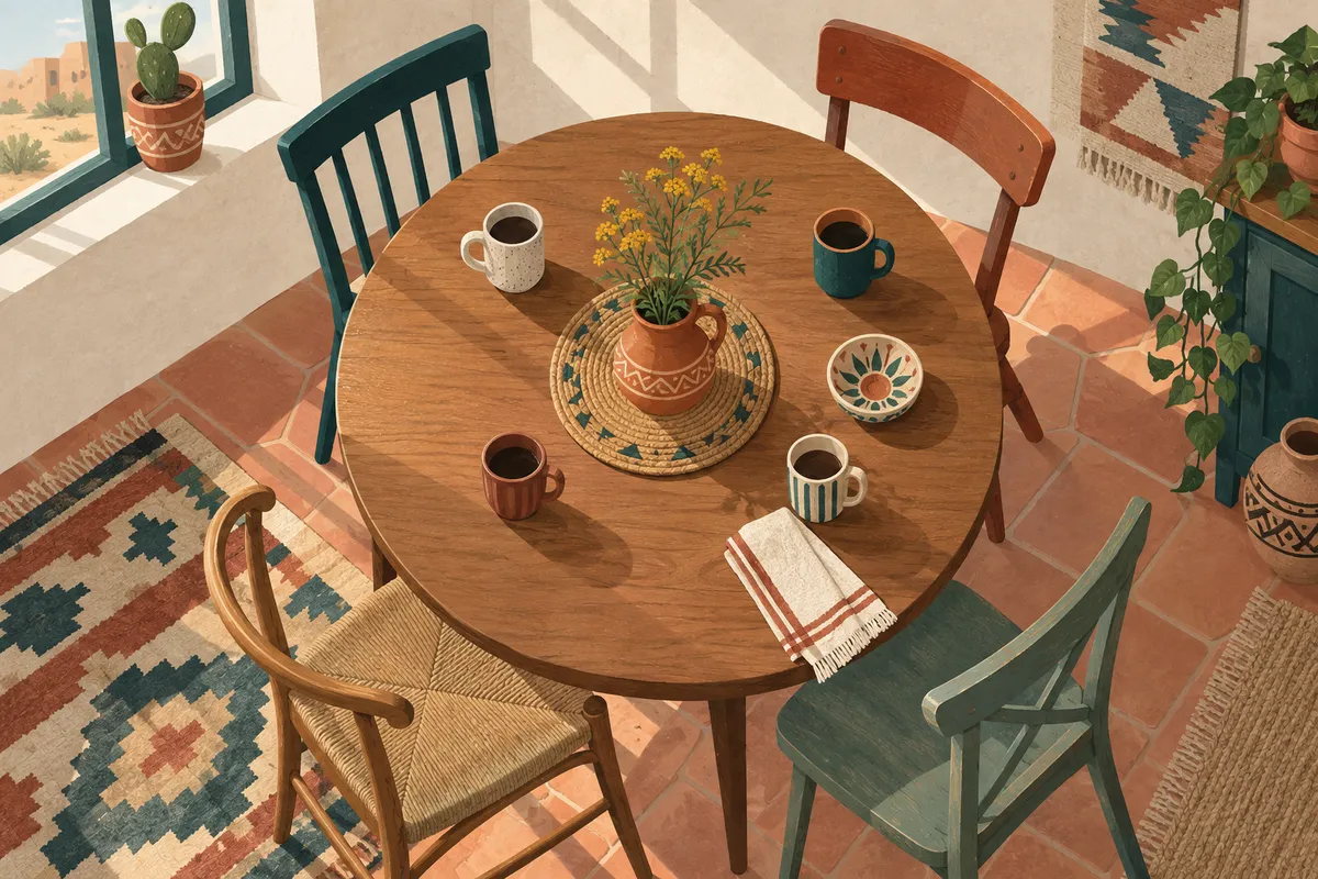 Illustration of a kitchen table with four chairs and everyday cups.