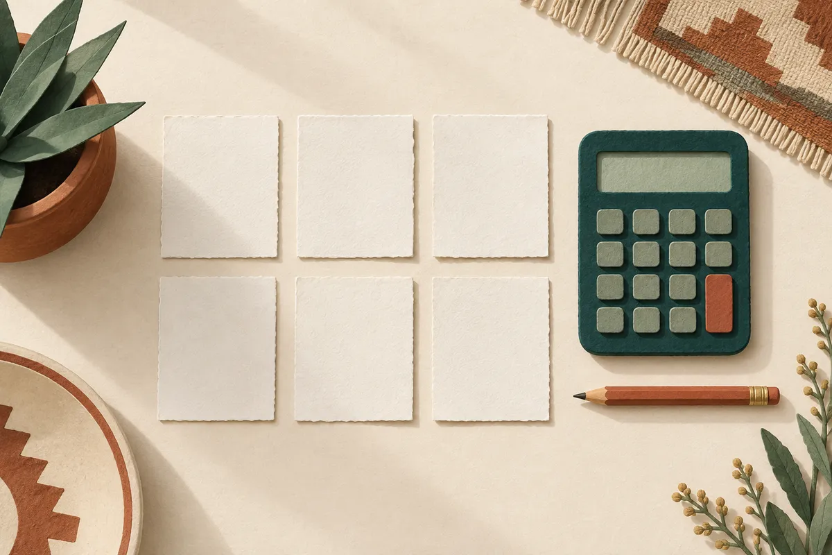 Illustration of six paper slips beside a calculator and pencil.