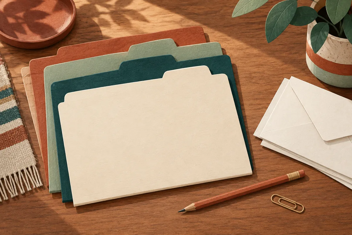 Illustration of sorted folders, envelopes, and a pencil.